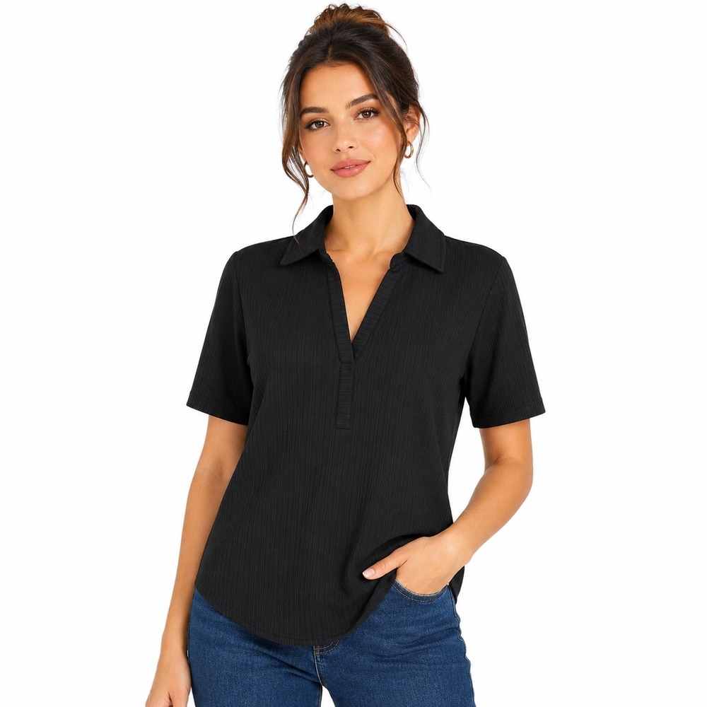 Modern Works Black Ribbed Short‎ Sleeve Polo V-Neck Top Small